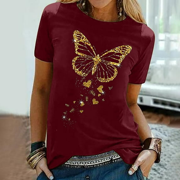 Floenr Women's Plus Size Tops,Women's Shirt Tees Funny Cute Short Sleeve Fall T Shirt Butterfly Print Shirt Gift Tops Blouse Gift For Women