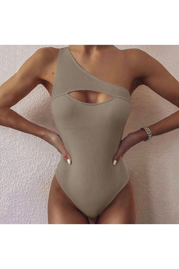 Womens One-piece Swimsuits,Sexy One Shoulder Hollow Solid Tankini Bathing Suits,High Waisted Plus-Size Ruched BikiniSet Swimwear