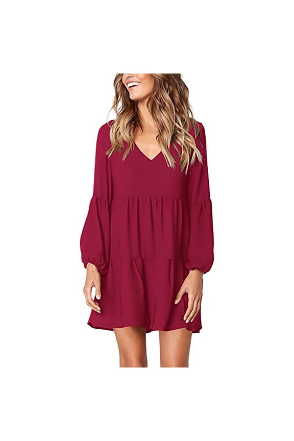 Womens Plus Size Maxi Dresses,Fashion Solid Color V-Neck Long Puff Sleeve Summer Dresses,Casual Loose Ruffle Empire Waist Swing Dress Mini Dress