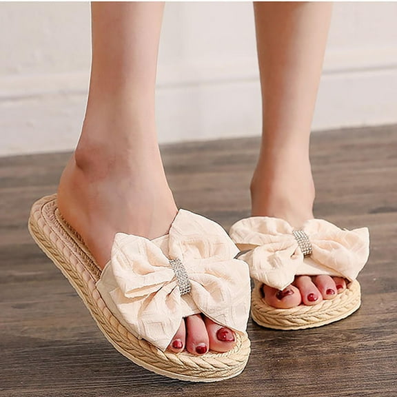 Floenr Womens Sandals Flip Flops for Women,Imitation Straw Espadrille Women's Sandals Floral Flat Beach Flat-heel Clip-on Women's Slippers