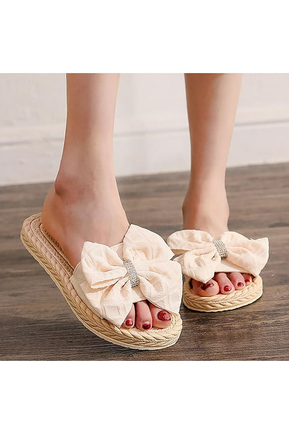 Womens Sandals Flip Flops for Women,Imitation Straw Espadrille Women's Sandals Floral Flat Beach Flat-heel Clip-on Women's Slippers