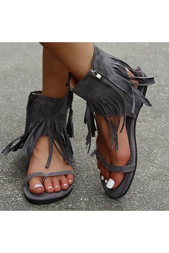 Womens Sandals Flip Flops for Women,Women's Casual Vintage Breathable Flat Side Zipper Tassel Pullover Toe Roman Sandals