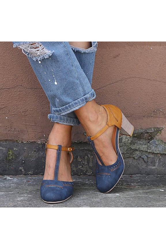 Womens Sandals Flip Flops for Women,Women's Fashion Rome Round Toe Buckle Strap Sandals Thick Heel High Heels Shoes