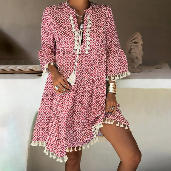 Floenr for Women,Fashion Women Summer Casual Print Dress V-Neck Short Sleeve Loose Dress