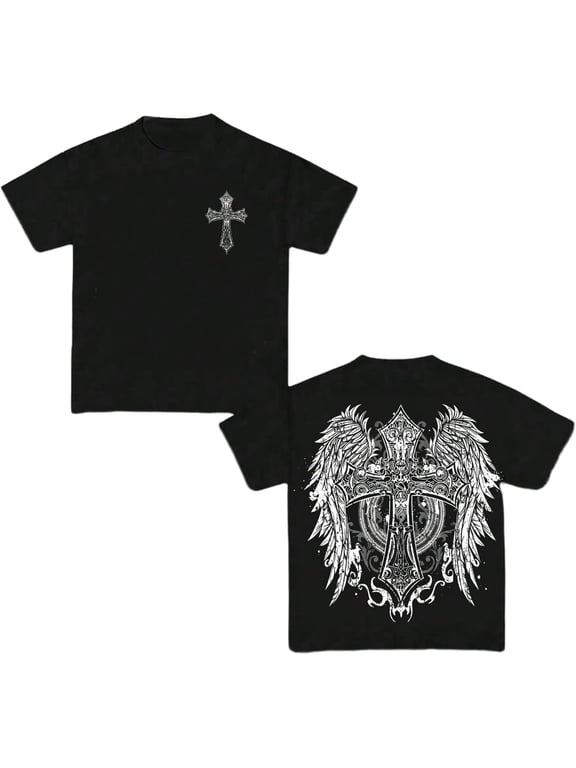 Floerns Boys' Christian Graphic Tee with Gothic Cross Print, Y2K Street Style Short Sleeve T-Shirt for Teens