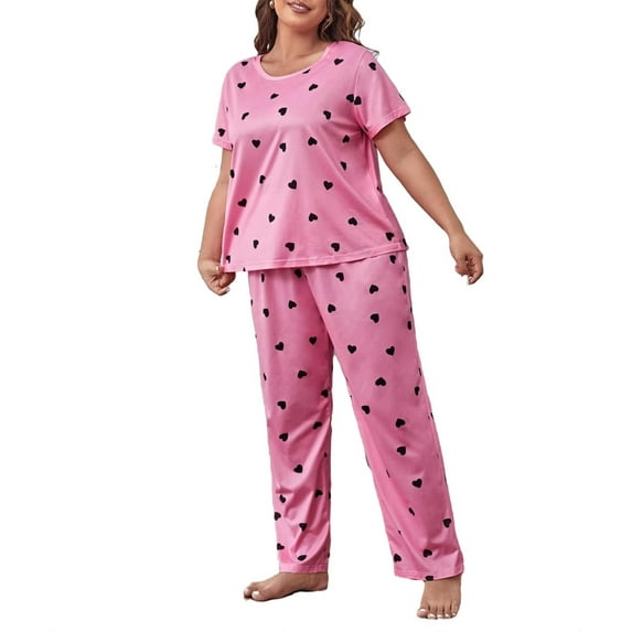Floerns Pull-On Heart Print Scoop Neck Tee Pajama Set, Size XL, Pink (Women’s)