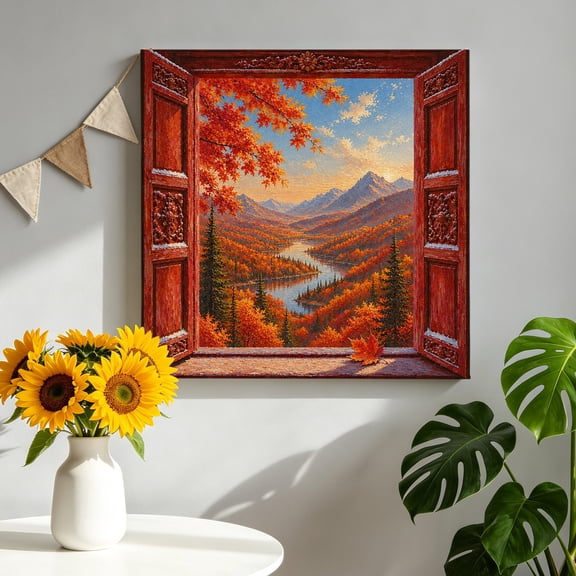 Floest Valley Canvas Wall Art, Open Window Fall Maple Leaf River Rustic Country Framed Canvas Wall Decor Picture Print Artwork Decorations for Living Room Office Ready to Hang 10" x 10"