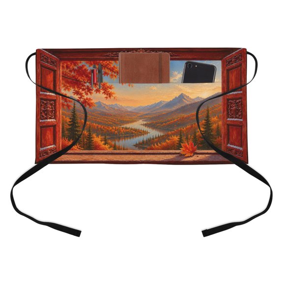 Floest Valley Kitchen Restaurant Half Waist Apron, Open Window Fall Maple Leaf River Rustic Country Server Short Apron with 3 Pockets Waterproof Oil Waist Aprons for Women Waitress Waiter