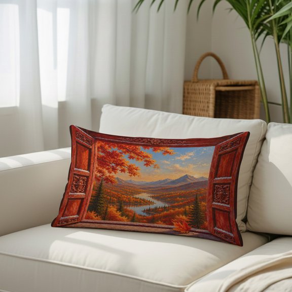 Floest Valley Throw Pillow Covers, Open Window Fall Maple Leaf River Rustic Country Decorative Lumbar Throw Pillowcase Cushion Cover with Smooth Hidden Zipper for Bedroom Sofa 12 x 20 Inches