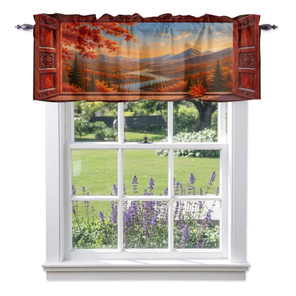 Floest Valley Valances for Windows, Open Window Fall Maple Leaf River Rustic Country Valance Window Treatment Rod Pocket Short Curtains Valances for Kitchen Bathroom 42"W x 12"L