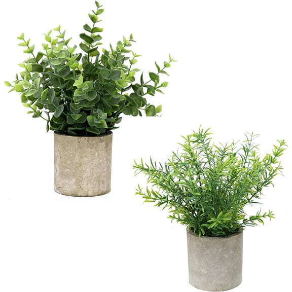 Flojery 2 Pack Small Fake Plants Faux Eucalyptus Potted Artificial Plants for Home Indoor Office Bathroom Dining Room Coffee Table Décor