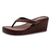 Flojos Womens Olivia Slip On Wedge Thong Sandals- Brown 7