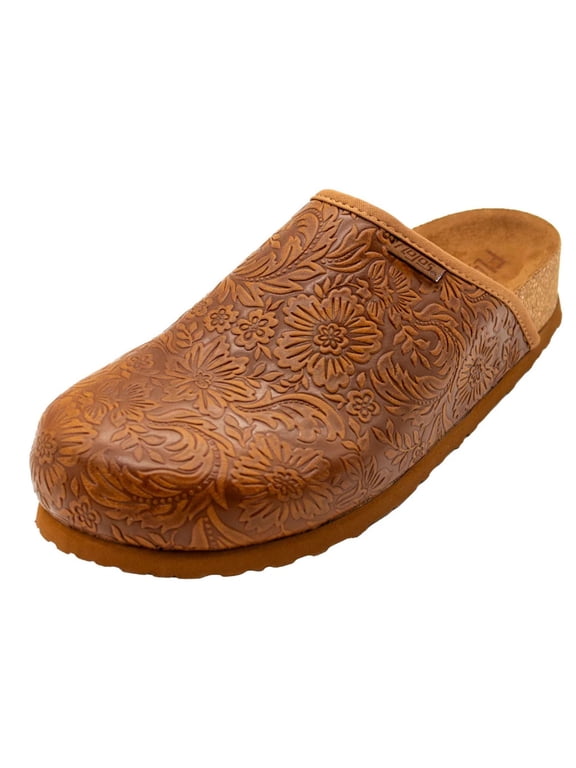 Womens Sofia Floral Tooled Slip On Mule Clog, Tan Artisan (7)