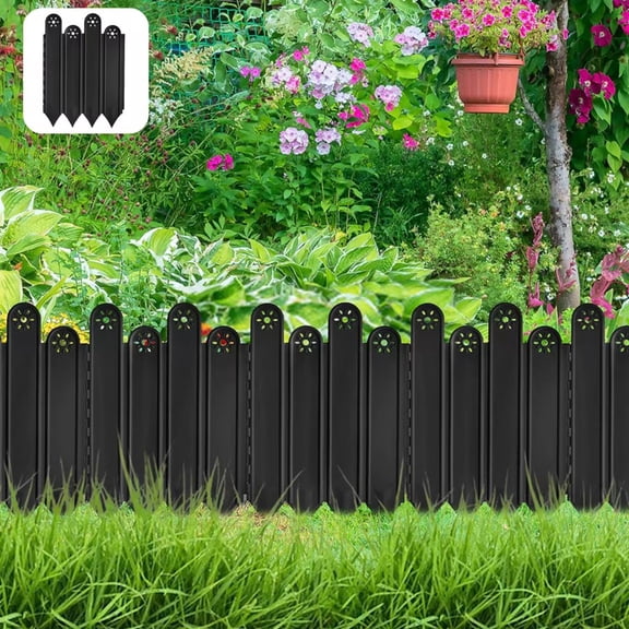 Floleo 0 Inch Black Plastic Garden Fence, Decorative Expandable Landscape Edging for Flower Beds, Lawn Yard Border, Pathway Divider, Easy Assemble Portable Fencing