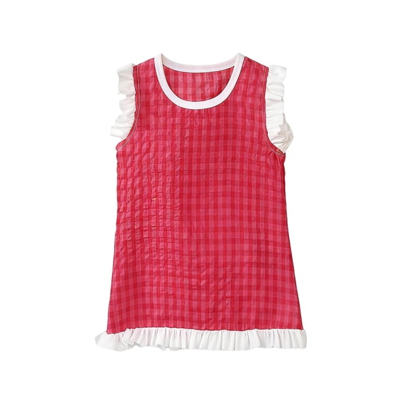 Floleo Baby Girls Checkered Sleeveless Dress Summer Lace Collar Casual Playwear Soft Breathable Corduroy Toddler Outfit Stylish Comfortable Daily Wear Cute Fashionable Bright(Red,2-3 Years)
