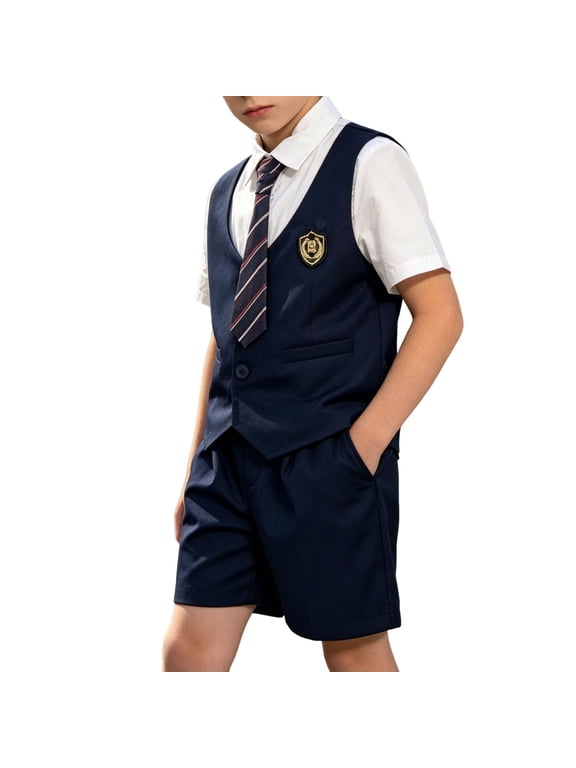 Boys 4-Piece School Uniform Set, Kids Short Sleeve Shirt Vest Shorts And Tie Outfit, Youth Preppy Style Formal Wear, Boys Complete Ready-To-Wear Outfit Set (Navy,1-2Years)
