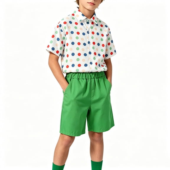 Floleo Boys Multicolor Polka Dot 3-Piece Outfit Set, Kids Button-Down Shirt Shorts And Socks, Youth Bright Casual Summer Set, Boys Ready-To-Wear Play And Party Outfit (Green,6-7Years)