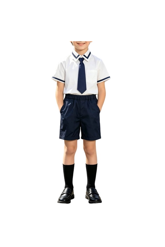Boys School Uniform Set, Kids Short Sleeve Trimmed Shirt Navy Shorts, Youth Preppy Tie Included Outfit, Boys Versatile Daily And Performance Wear Set (Navy,14-15Years)