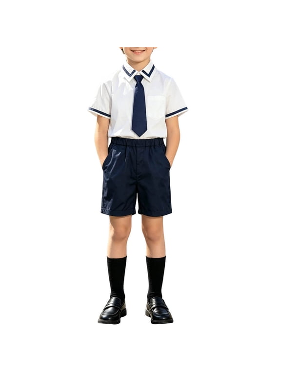 Boys School Uniform Set, Kids Short Sleeve Trimmed Shirt Navy Shorts, Youth Preppy Tie Included Outfit, Boys Versatile Daily And Performance Wear Set (Navy,5-6Years)