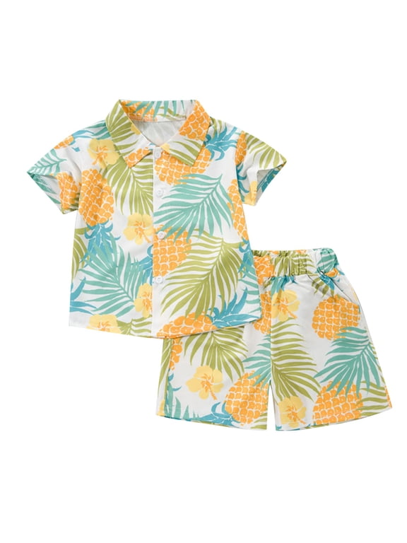 Boys Tropical Pineapple Leaf Print Short Sleeve Button Down Shirt and Shorts Set Lightweight Summer Vacation Beach Casual Daily Wear with Lapel Collar