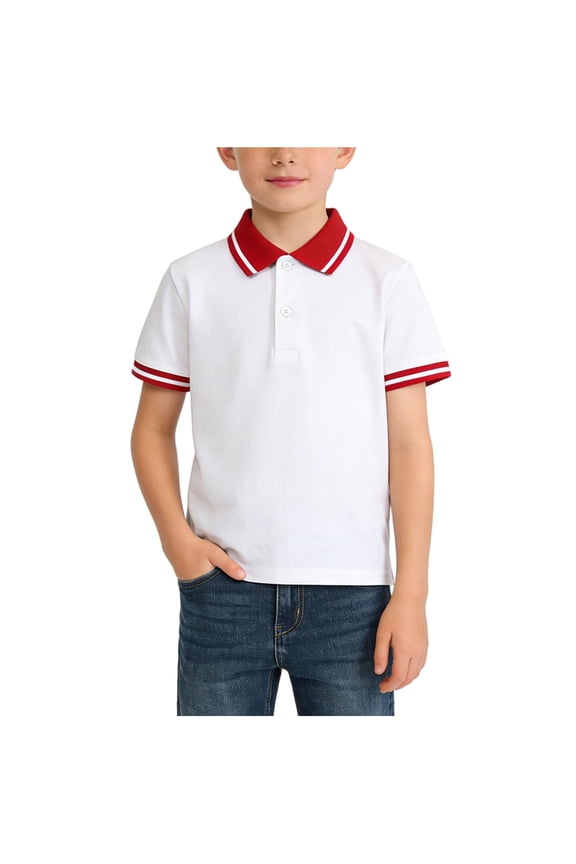 Boys White Short Sleeve Shirt with Contrast Collar Cuffs Kids School Uniform Top with Striped Trim Breathable Polyester-Spandex Blend(Red,3 Years)