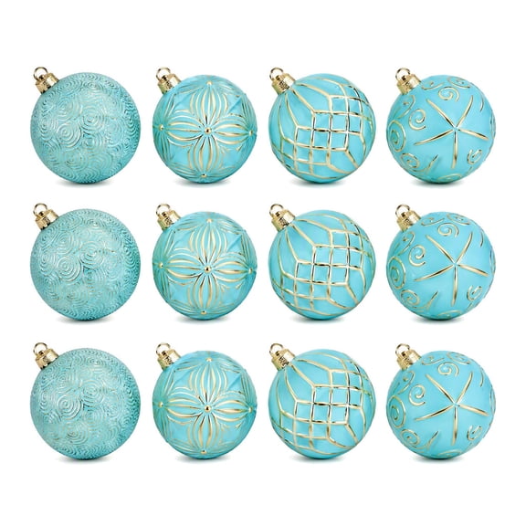 Floleo Christmas Ball Ornaments Set 12Pcs Shatterproof Turquoise Baubles Hand-Painted Gold Patterns Xmas Tree Decorations Gift Box Packaging