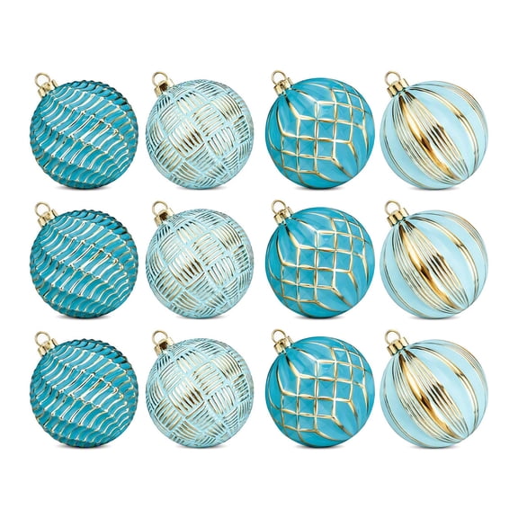Floleo Christmas Ball Ornaments Set 12Pcs Shatterproof Turquoise Baubles Hand-Painted Gold Patterns Xmas Tree Decorations Gift Box Packaging