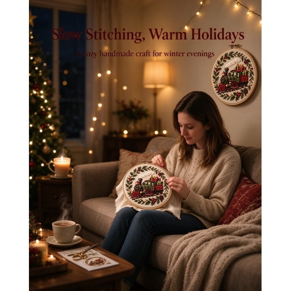Floleo Christmas Theme Embroidery Kit Train Style with All Tools, Hand Embroidery Starter Set for Adults Beginners Holiday Home Decor Gift Cross Stitch Design