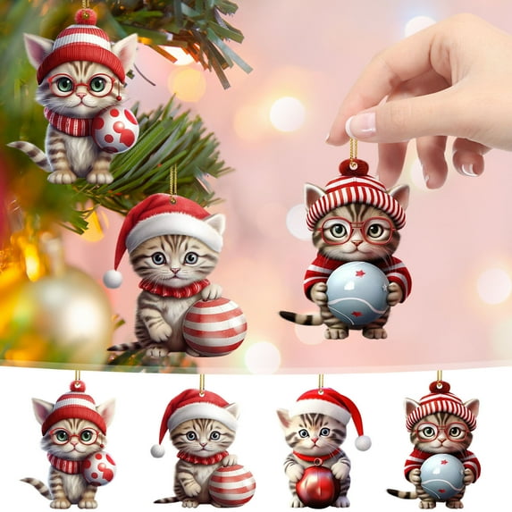 Floleo Christmas Tree Decorations Ornaments Cute Hatted Cat Mini Cartoon Holding Cat Acrylic Xmas Hanging Ornament Mini Gifts For Christmas Tree Farmhouse Outdoor Indoor Black of Friday Deals 2024