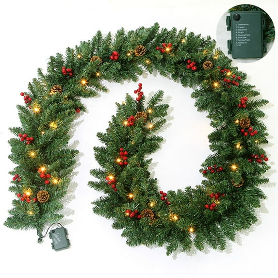 Floleo Clearance 9 Ft Lighted Christmas Garland, Outdoor Christmas Garland with Pine Cones, Red Berries and LED Light for Fireplace, Mantle and Stair Railing (Battery box 50 lights)
