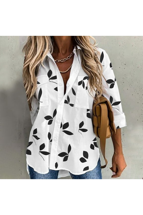 Fall Clothes For Women Fashion Women Casual Spring Summer Casual Lapel Long Sleeve Printed Single Breasted Shirt Top White