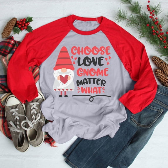 Floleo Clearance Fall Clothes For Women Fashion Women Valentine's Day Gnomes Print Color Block Casual Blouse T-shirt Top Red