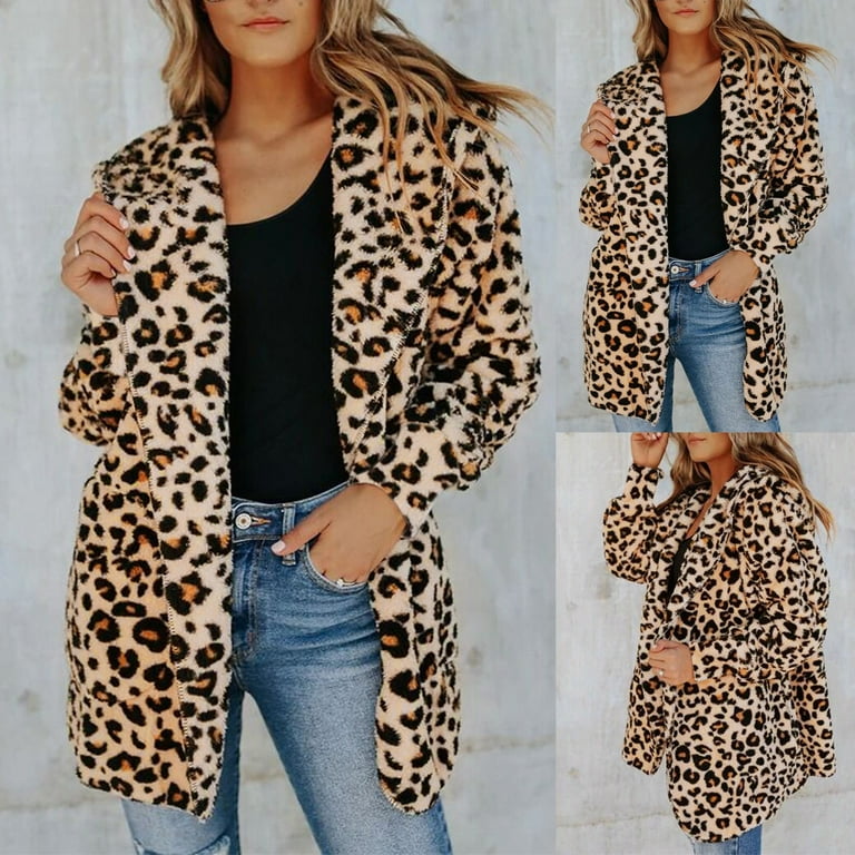 Floleo Clearance Fall Clothes For Women Fashion Women's Leopard Faux-Fur  Fuzzy Warm Winter Oversized Outwear Long Coat Brown