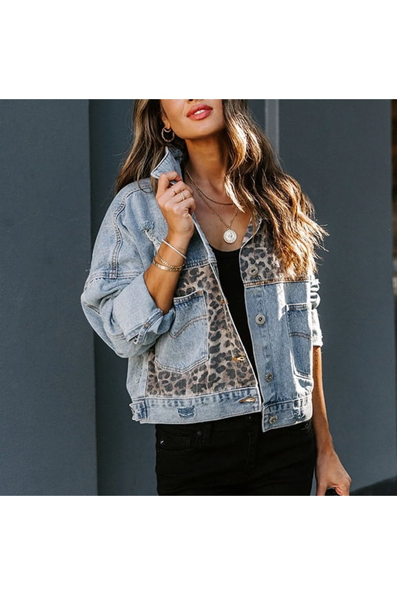 Fall Clothes For Women Ladies Leopard Print Patchwork Jean Jacket With Long Sleeves Blue