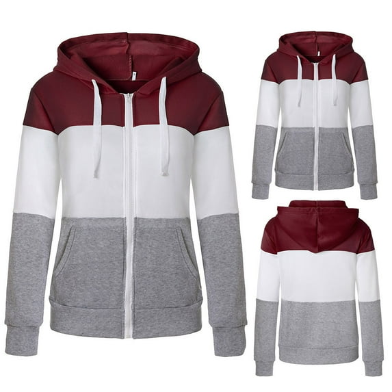 Kayannuo Clearance Fall Clothes For Women Women Casual Long Sleeve Thin Zip Contrast Hood Patchwork Hoodies Jacket Coat Wine