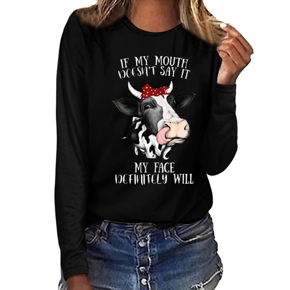 Floleo Clearance Fall Clothes For Women Women Printed Long Sleeve Sweatshirt Pullover Shirts Top Blouse Black