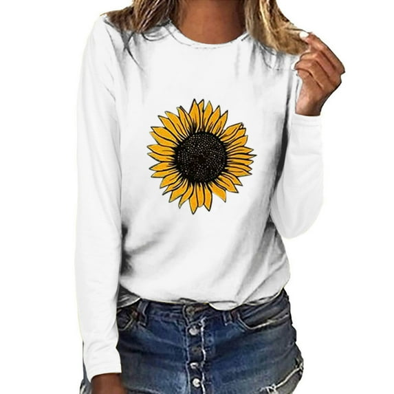 kayannuo Fall Clothes For Women Women Sunflower Print O-neck Long Sleeve Top Pullover Sweatshirt T-shirt Blouse White