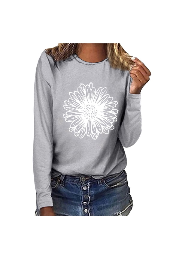 Fall Clothes For Women Women Top Casual Long Sleeve Daisy O-neck Sweatshirt Pullover Blouse Gray