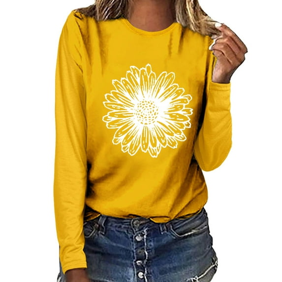 kayannuo Fall Clothes For Women Women Top Casual Long Sleeve Daisy O-neck Sweatshirt Pullover Blouse Yellow
