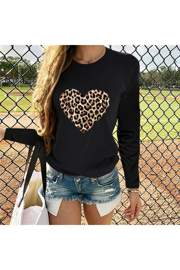Fall Clothes For Women Women Valentine's Day Casual Long Sleeve O Neck Leopard Print Heart-shaped Top Black