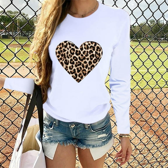 kayannuo Fall Clothes For Women Women Valentine's Day Casual Long Sleeve O Neck Leopard Print Heart-shaped Top White