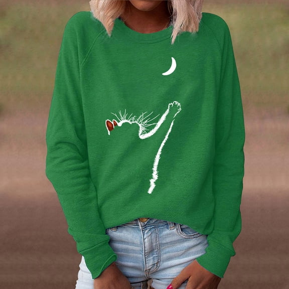 kayannuo Fall Clothes For Women Women's Animal Cat Print O Neck Loose Sweater Long Sleeve Casual Blouse Top Green