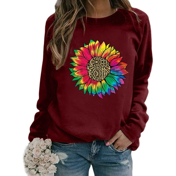 Floleo Clearance Fall Clothes For Women Women's Casual Loose Round Neck Long Sleeve Sunflower Print Top Blouse T-shirt Wine