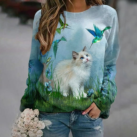 Floleo Clearance Fall Clothes For Women Women's Fashion Casual Round Neck Cat Print Casual Long Sleeve T-Shirt Blue