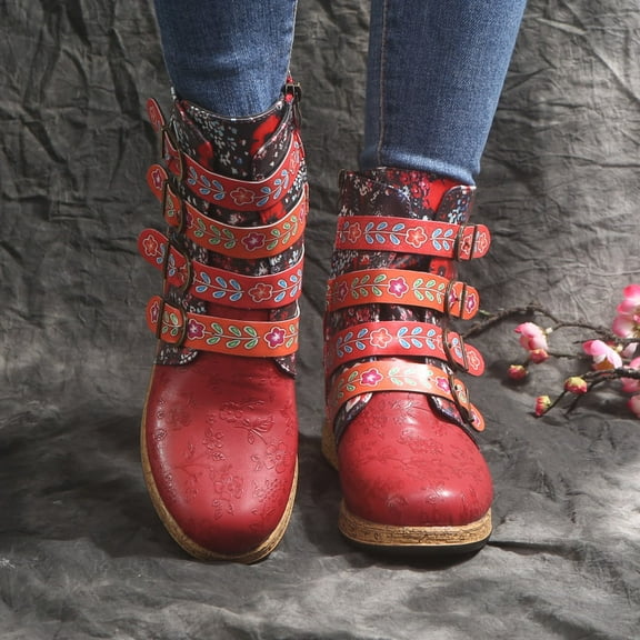 Floleo Clearance Vintage Red Boots Large Printed European and American Style Leather Boots