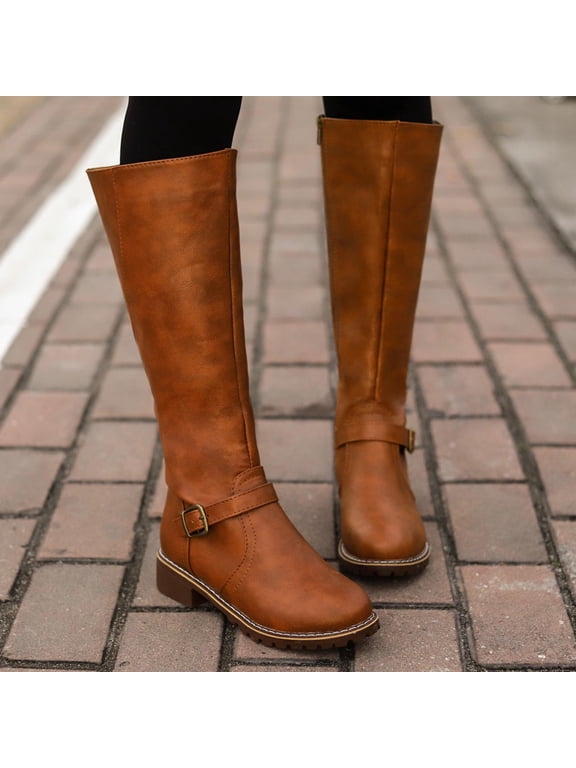 Clearance Women Boots Retro Shoes Casual Thick Low-heeled Boots Plus Size Mid Calf Zipper Boots