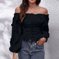 thumbnail image 1 of kayannuo Womens Tops Long Sleeve Shirts Fall Fashion Women Lace Up Solid Back Elastic Lantern One-way Neck Long Sleeve Chiffon Shirt Tops Black, 1 of 4