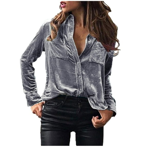 kayannuo Womens Tops Long Sleeve Shirts Fall Fashion Women's Winter Velvet Long Sleeve Button Pocket Casual Shirt Top