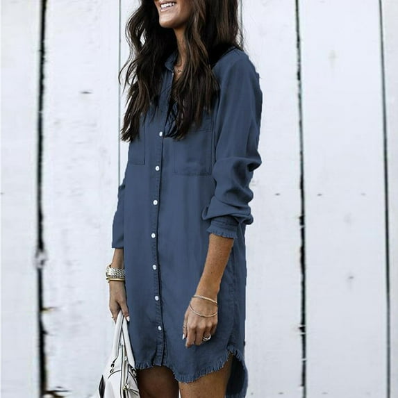 kayannuo Womens Tops Long Sleeve Shirts Fall Women Autumn Fashion Loose Solid Tassel Casual Full-Sleeve Tops Denim Jacket Blouse Coat Navy