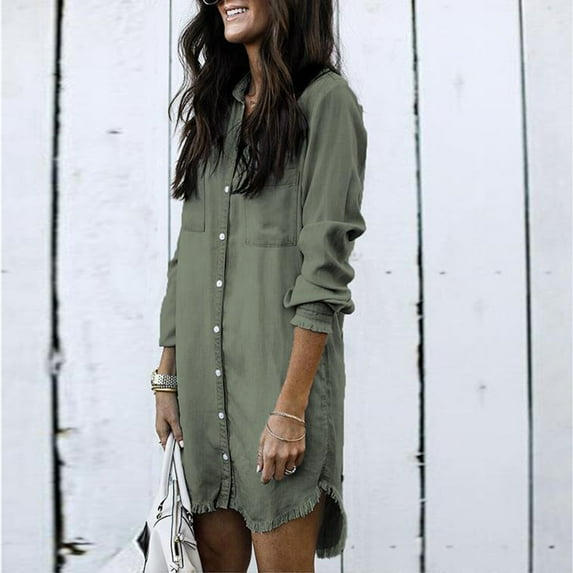 kayannuo Womens Tops Long Sleeve Shirts Fall Women Autumn Fashion Loose Solid Tassel Casual Full-Sleeve Tops Denim Jacket Blouse Coat Green